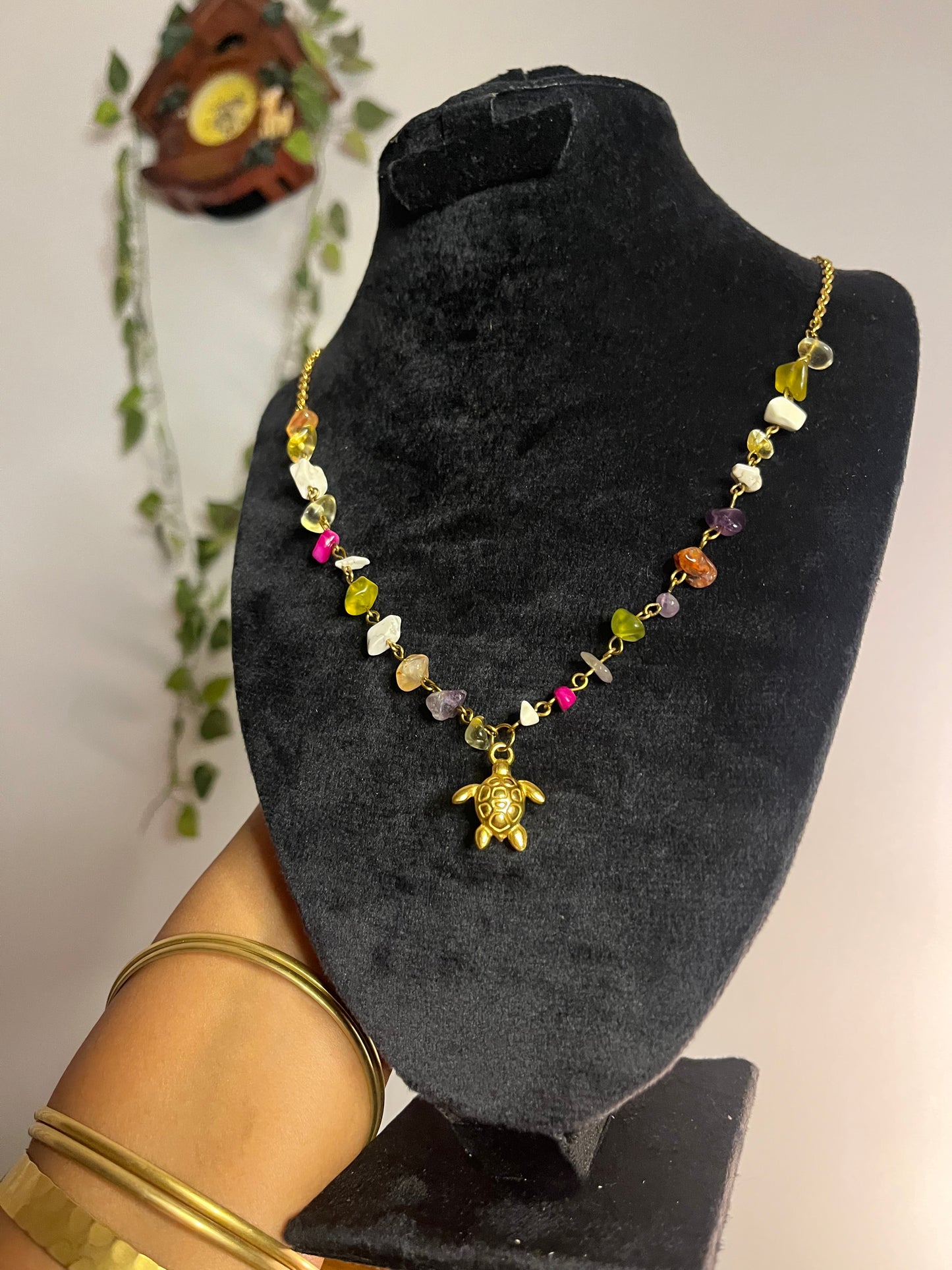 Colorful gemstones turtle necklace .